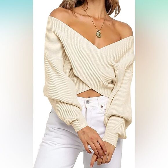 V Neck Long Sleeve Cross Wrap Front Off Shoulder Crop Pullover Sweater S - Picture 1 of 4